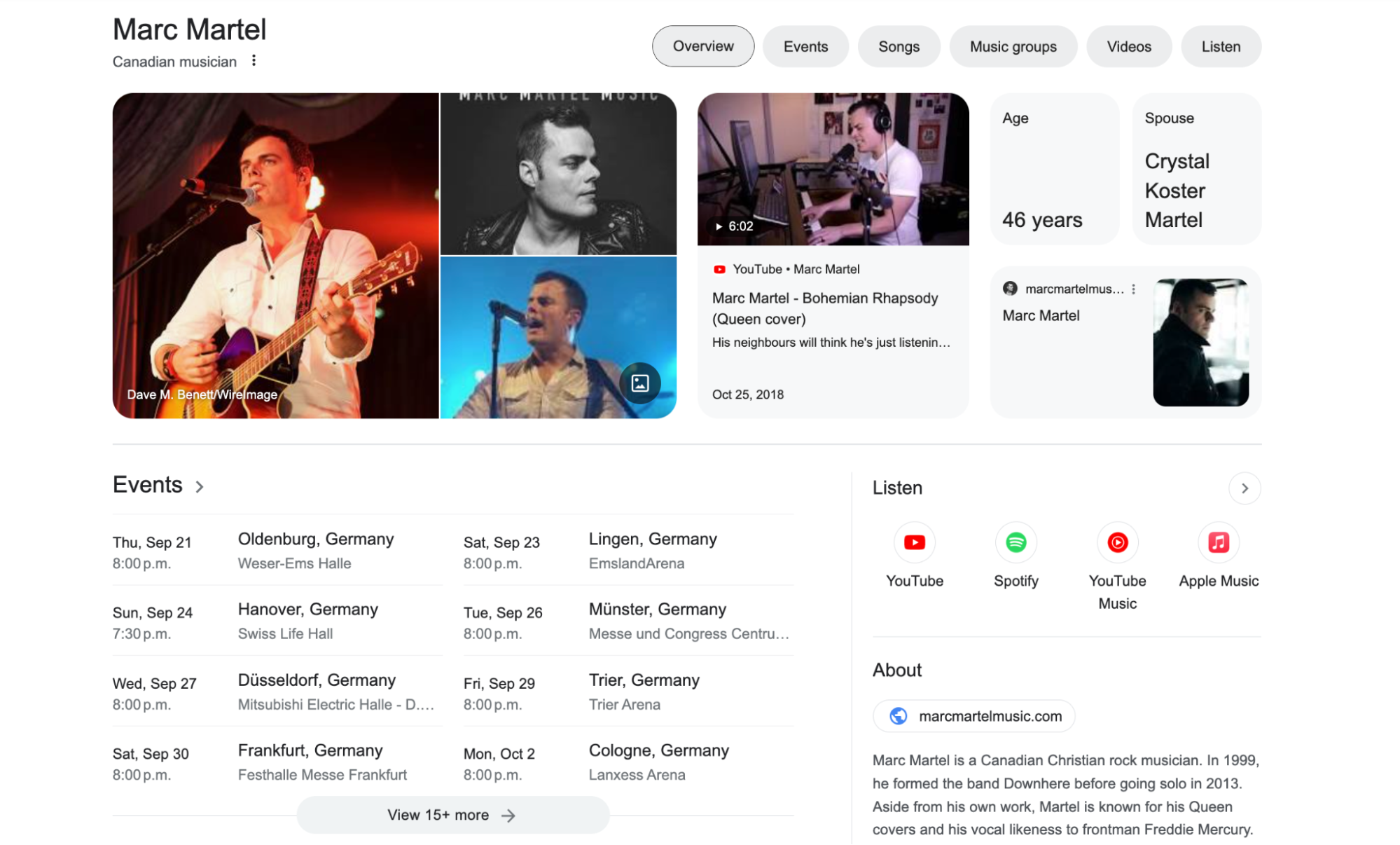 Capture d'écran de la page SERP Google de l'artiste Marc Martel, affichant des listes d'événements parmi d'autres contenus