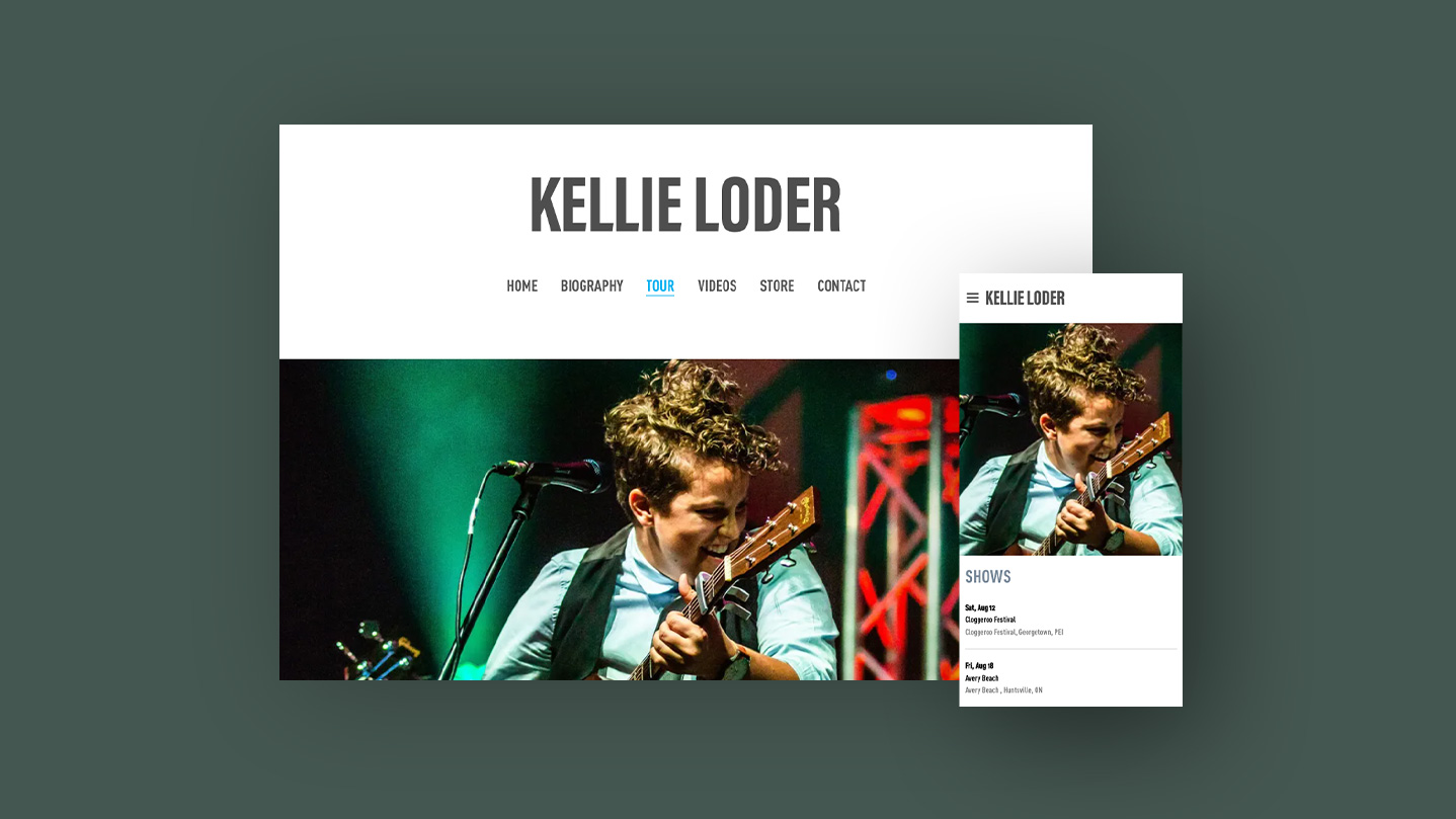 Pratinjau laman landas situs web untuk artis Kellie Loder di desktop dan seluler