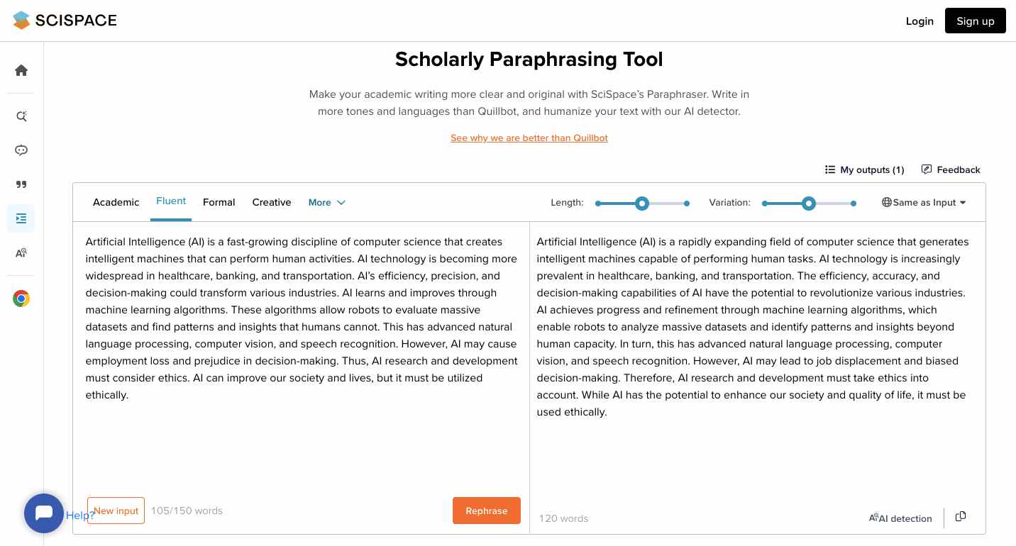 Outils de paraphrase de l'IA : SciSpace