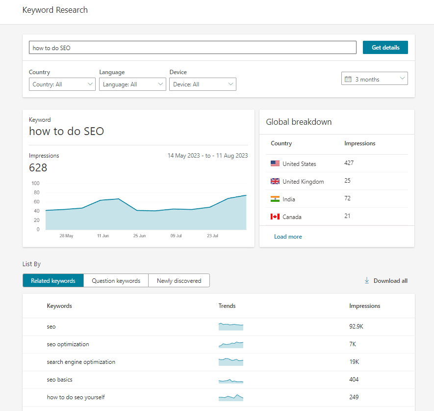 Wyniki Narzędzi do badania słów kluczowych dla webmasterów Bing dla zapytania „jak zrobić SEO”.