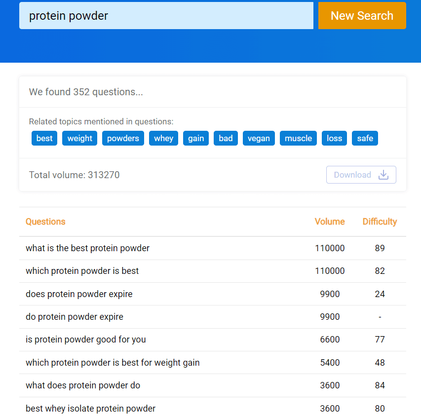 "단백질 분말" 쿼리에 대한 QuestionDB 샘플 결과입니다.