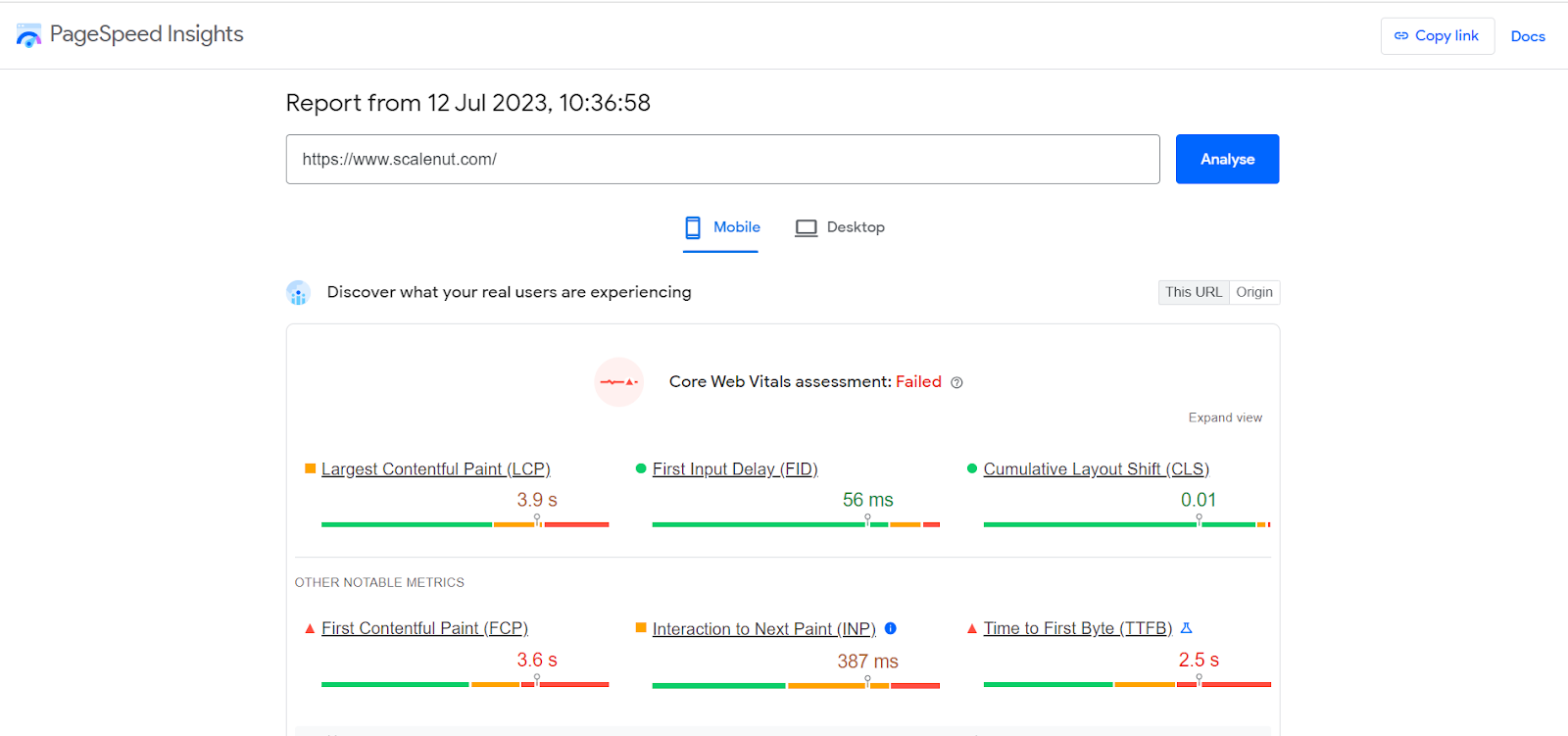 显示使用 Google 免费页面速度检查器的网站页面速度报告的图像。