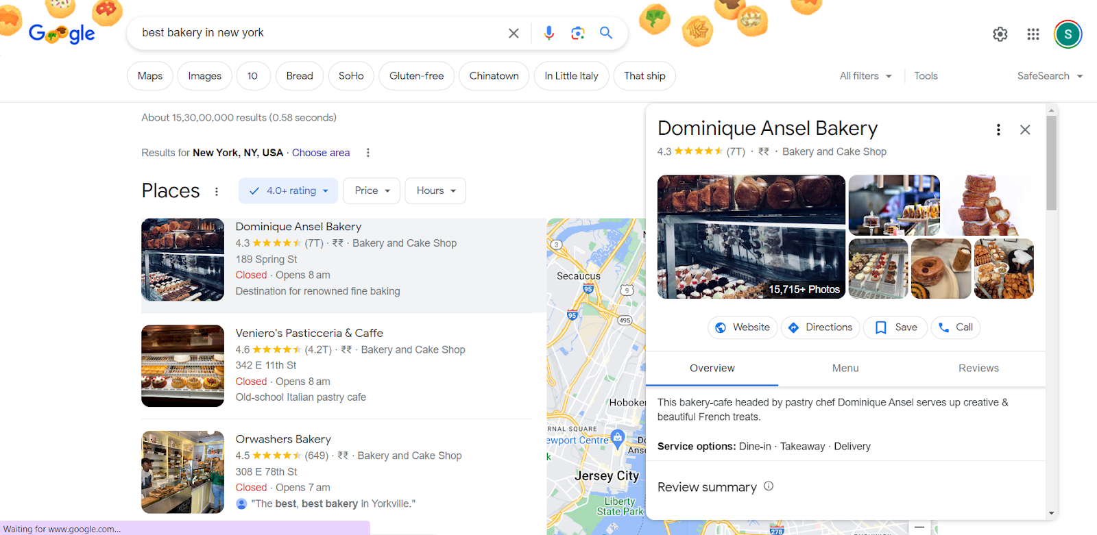 Une image montrant la capture d'écran d'une fiche Google My Business d'une boulangerie.