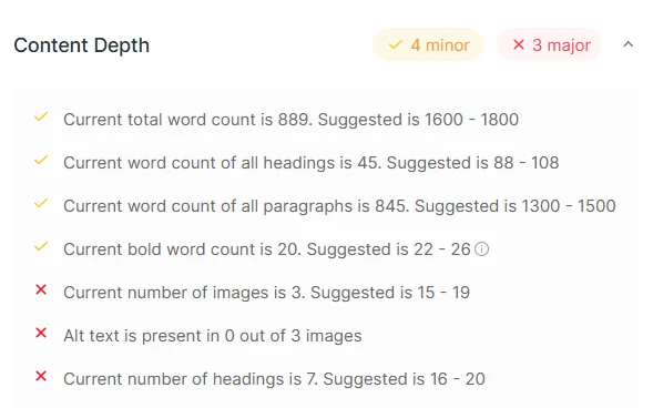 Gambar yang menunjukkan masalah kedalaman konten dari konten blog yang disorot di Scalenut Content Optimizer.