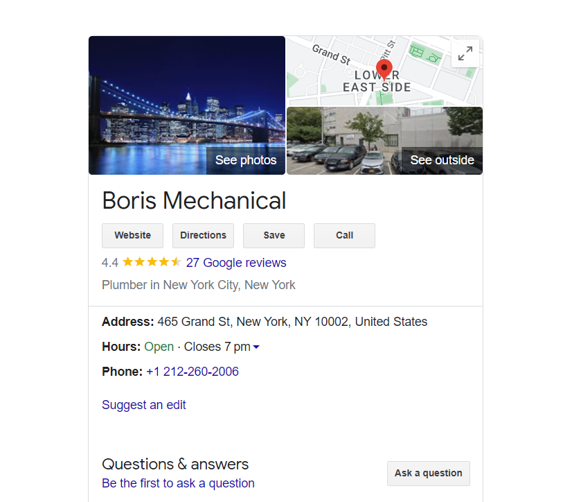 Ein aktualisierter GMB-Eintrag von Boris Mechanical – einem Klempnerunternehmen in New York