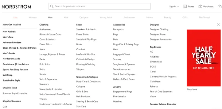 الفئات الفرعية لمنتجات الملابس الرجالية على Nordstrom.com.