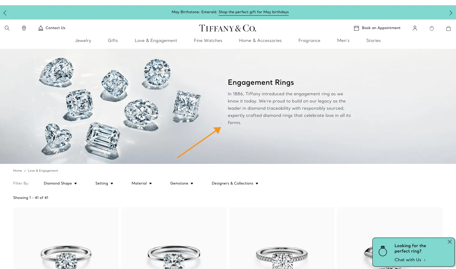 Text bogat în cuvinte cheie pe pagina categoriei Tiffany.com.