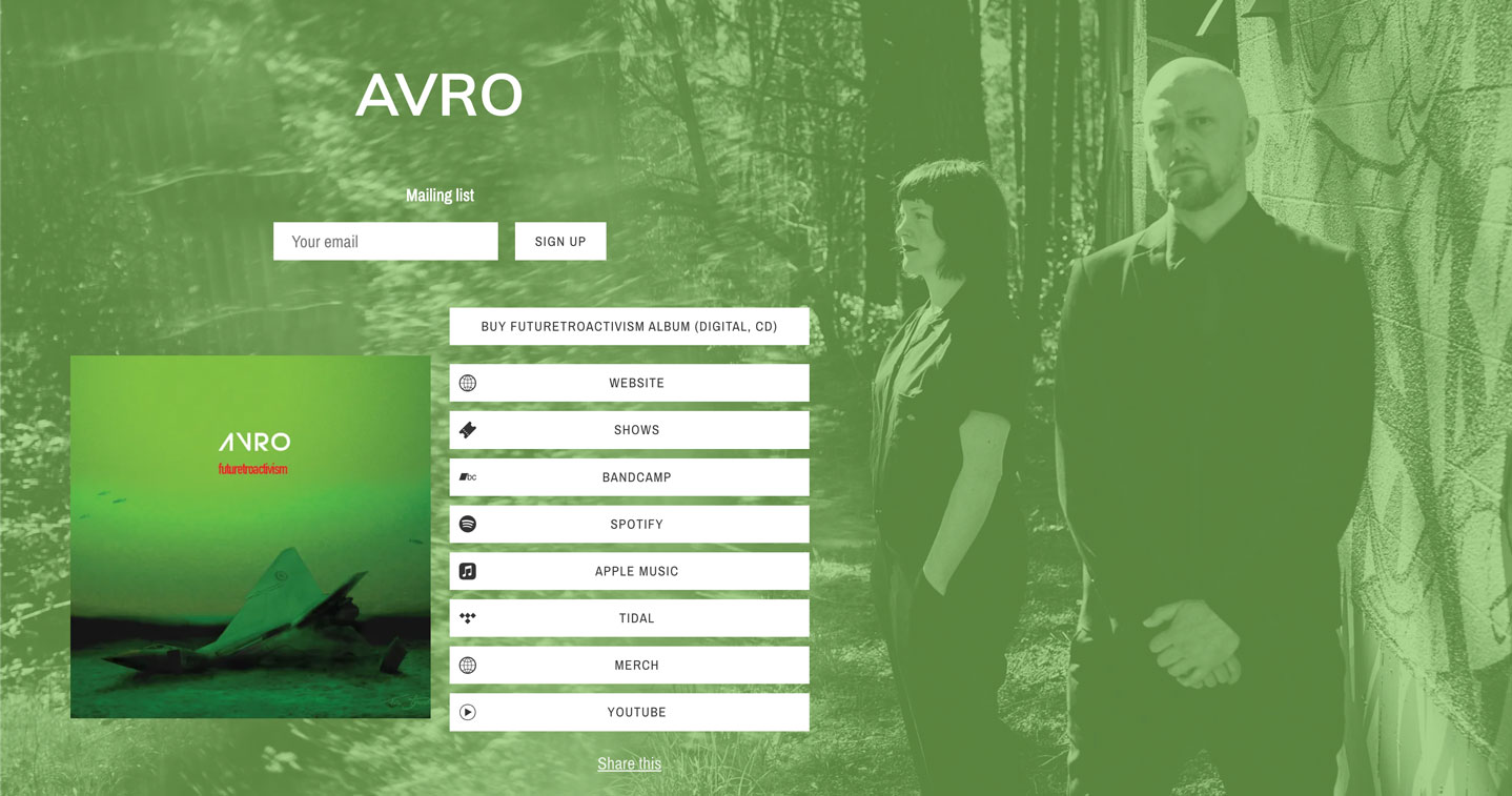 Screenshot della pagina Smart Links dell'artista Avro