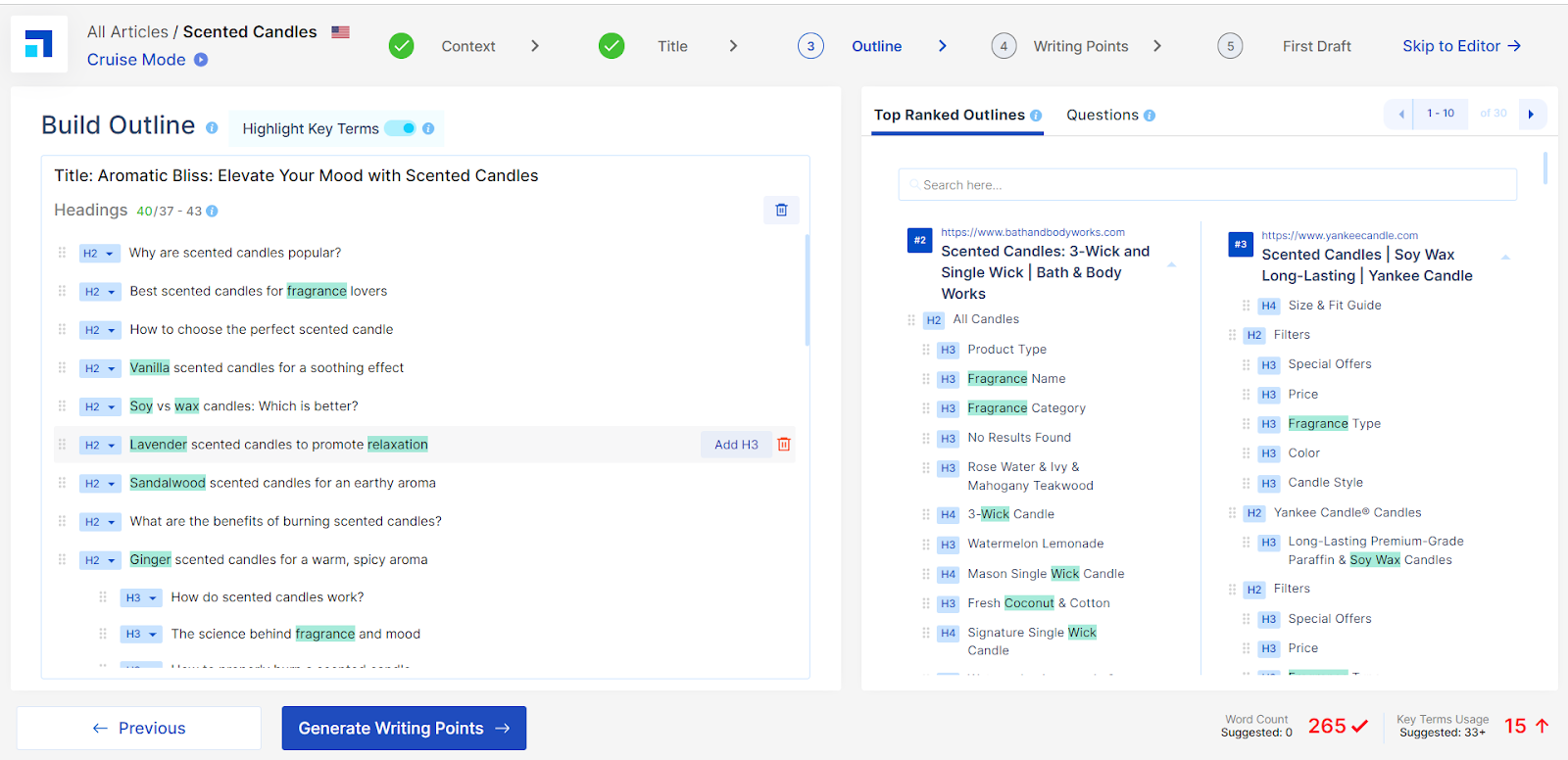 Scalenut AI Cruise Mode genera la struttura del post del blog per un seed analizzando i principali risultati SERP.