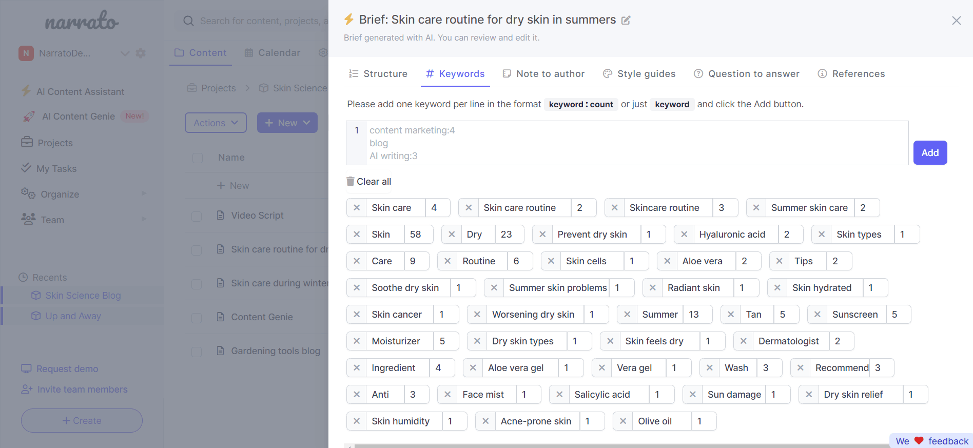 SEO özeti oluşturmak için AI SEO araçları - Narrato