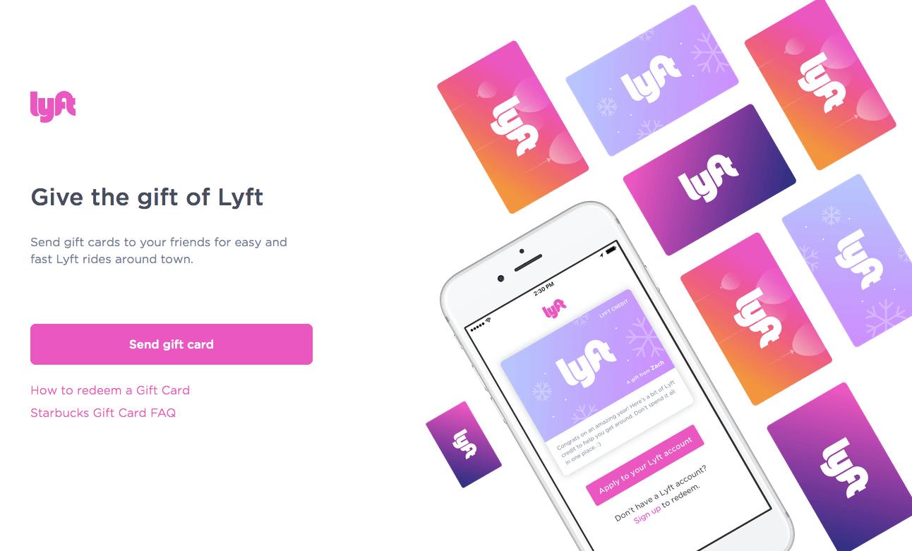 Lyft 클릭 후 랜딩 페이지 기프트 카드