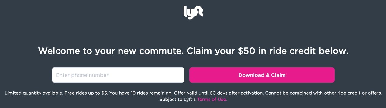 Lyft 클릭 후 랜딩 페이지 청구 크레딧