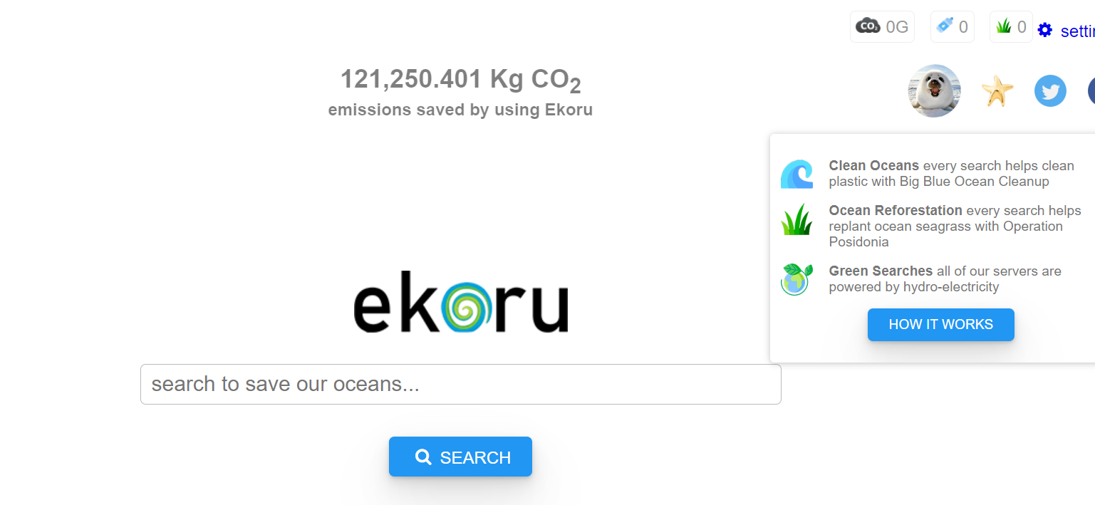 Pagina del motore di ricerca di Ekoru, un motore di ricerca rispettoso dell'ambiente