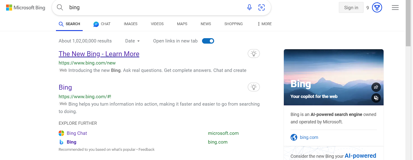 Bing 用户界面的搜索引擎页面。