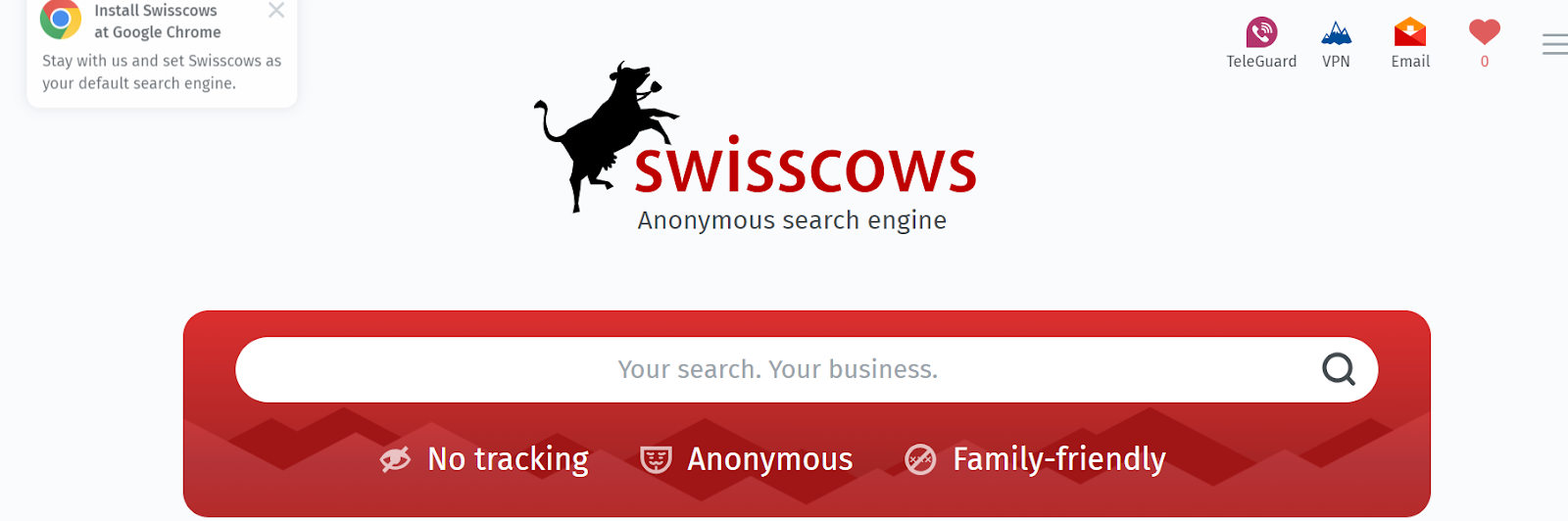 家族向けのプライバシー重視の検索エンジン、Swisscows の検索エンジンのページです。