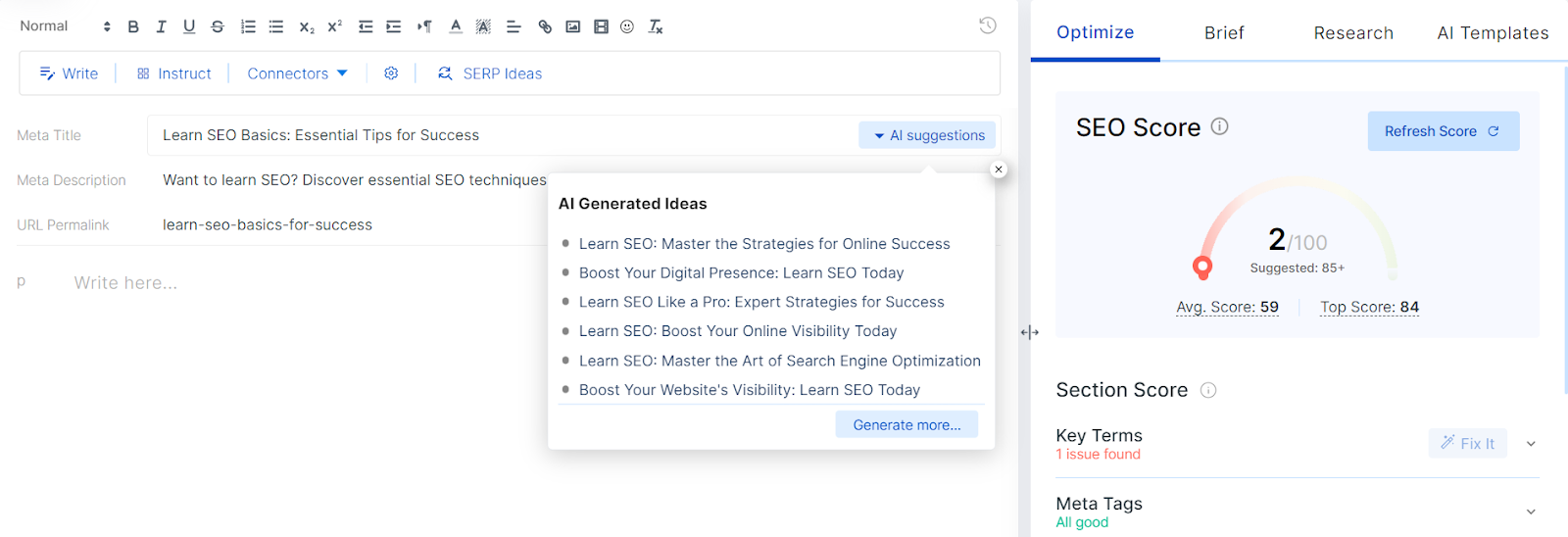 Capture d'écran d'un outil d'optimisation de contenu