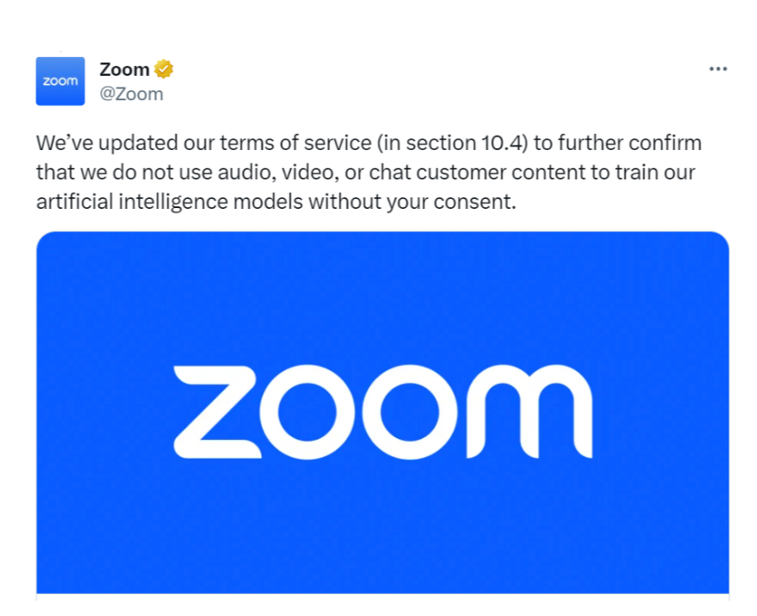 Um exemplo de como o Zoom respondeu às alegações de uso de conteúdo de áudio, vídeo e bate-papo para treinar modelos de inteligência artificial sem o consentimento do consumidor