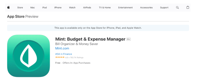 Рейтинг Mint в App Store (4,8) впечатляет, учитывая 780 000 пользовательских оценок - Apple