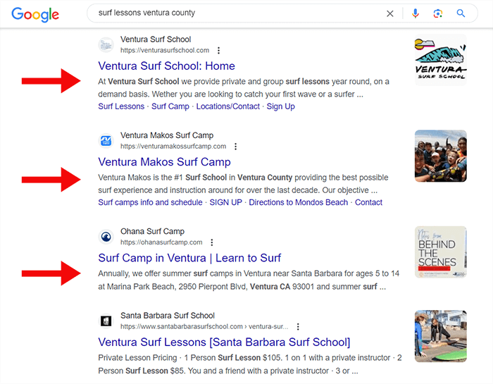 Google-Suchergebnisse für die Suchanfrage „Surfunterricht Ventura County“.