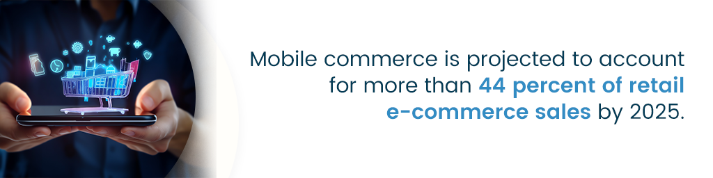Uma chamada que diz: “Projeta-se que o comércio móvel será responsável por mais de 44% das vendas do comércio eletrônico no varejo até 2025”.