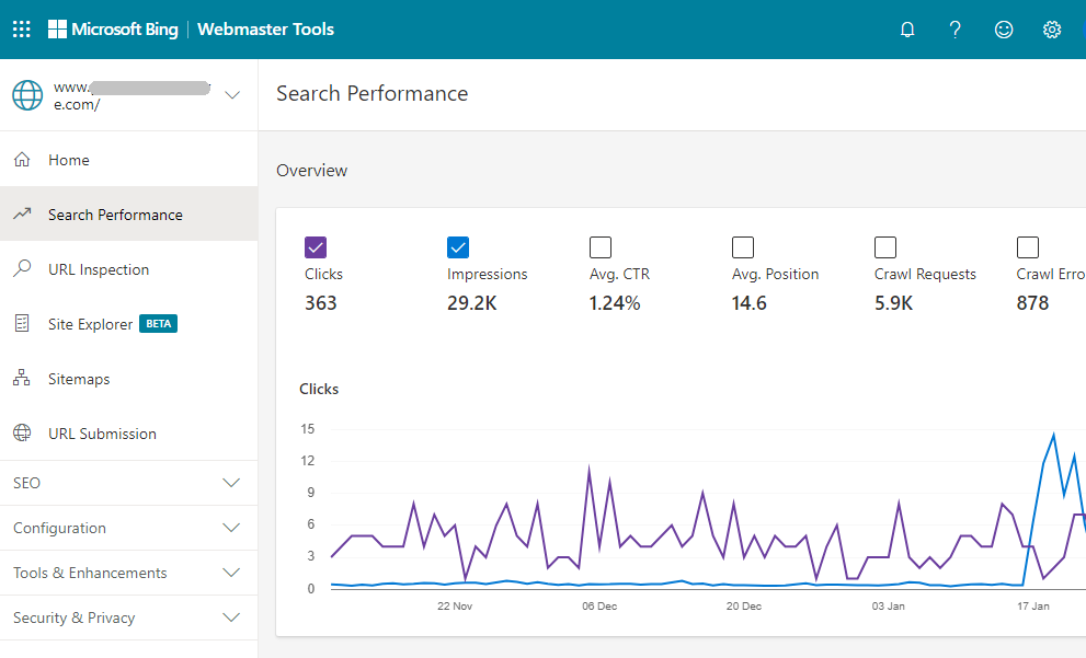 Screenshot dell'immagine degli strumenti per webmaster di Bing