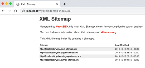 ภาพหน้าจอผลลัพธ์แผนผังเว็บไซต์ XML