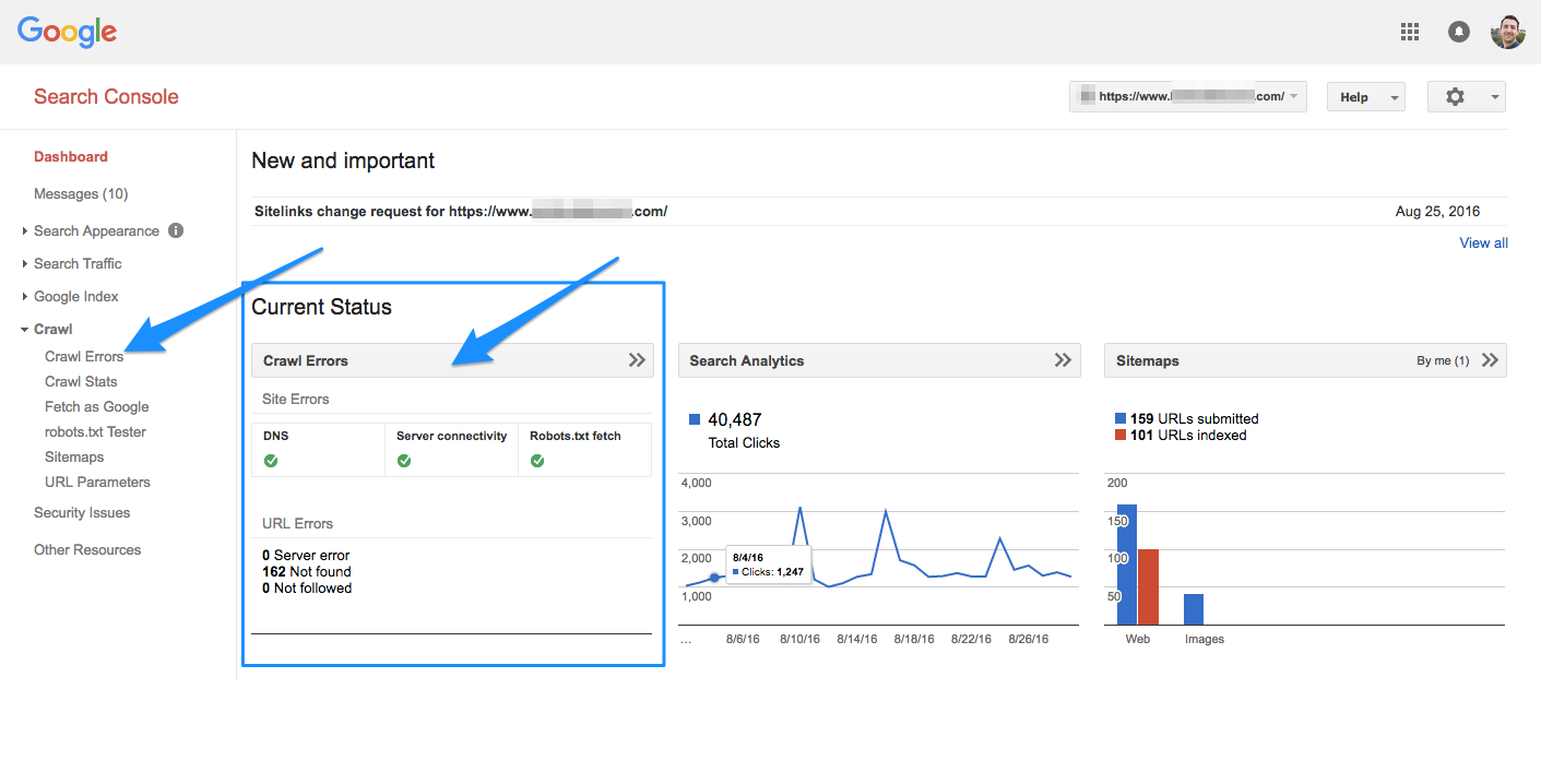 ภาพหน้าจอรูปภาพคอนโซลการค้นหาของ Google