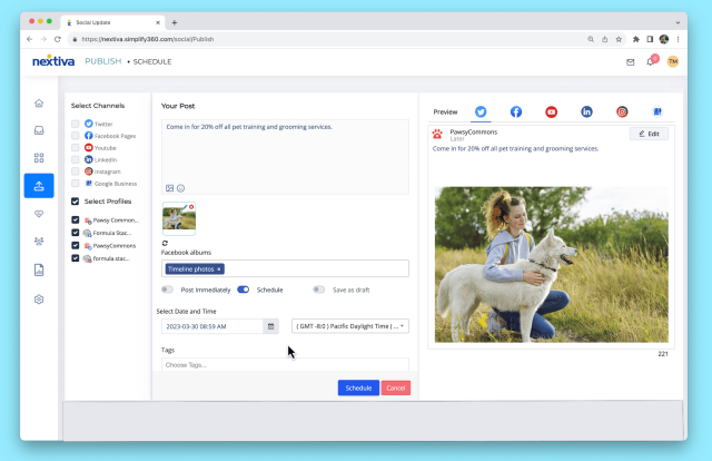 Nextiva의 소셜 미디어 예약 소프트웨어.