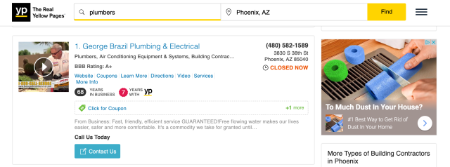 Ejemplo de listado de empresas en la página amarilla para un plomero en Phoenix