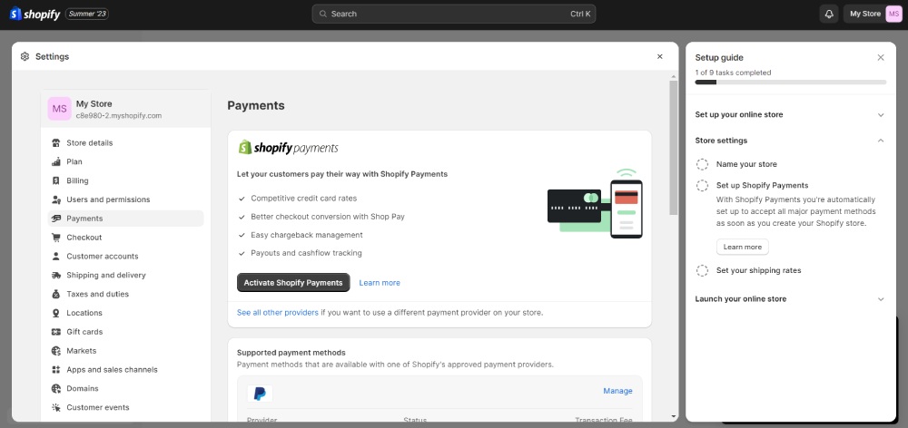 Shopify интерфейс