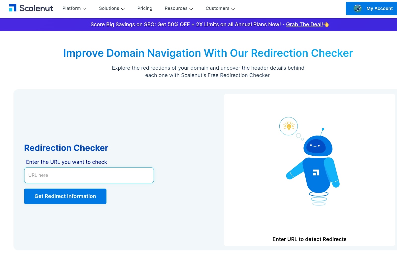 Verwenden Sie das kostenlose Redirection Checker-Tool von Scalenut, um Ihre URL zu testen.