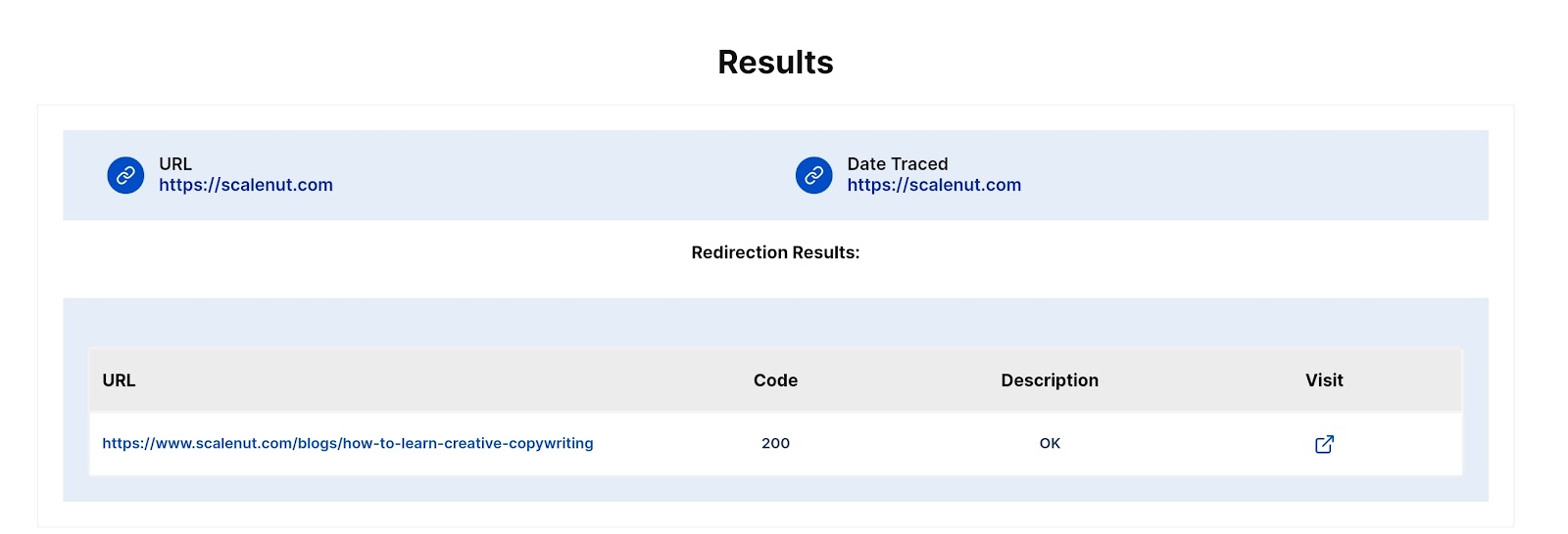 Un ejemplo de los resultados que obtiene con la herramienta gratuita Redirection Checker de Scalenut.