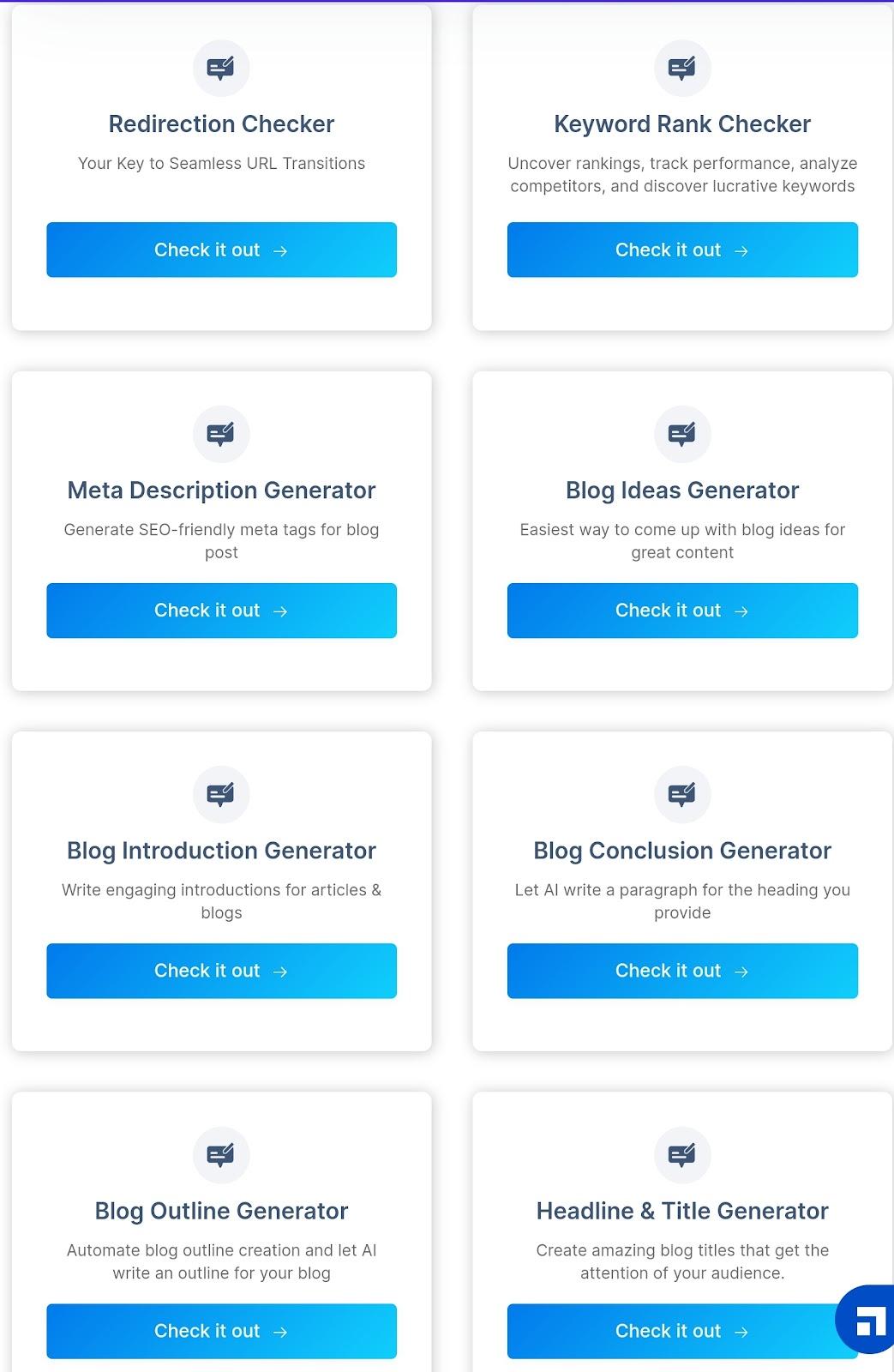 Scalenut, SEO için optimize edilmiş bloglar yazmaya yardımcı olacak çok sayıda ücretsiz AI aracı sunar.