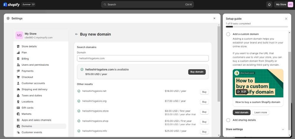 Interface do Shopify