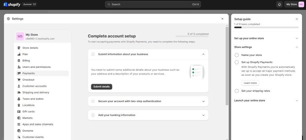 Interface do Shopify