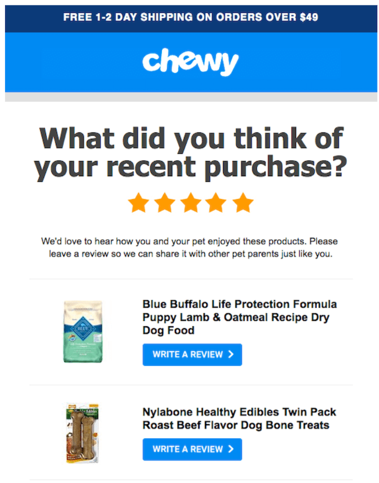 Ein Screenshot einer E-Mail-Vorlage von Chewy, der zeigt, wie das Unternehmen mithilfe automatisierter E-Mail-Follow-ups Bewertungen von aktuellen Kunden sammelt.