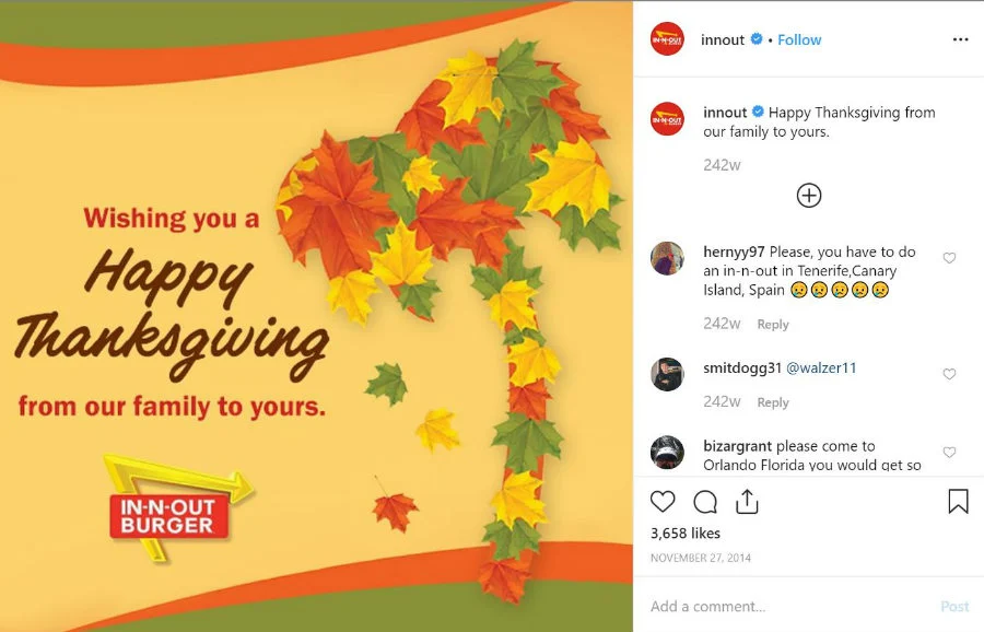 Post sui social media per il ringraziamento di In-N-Out Burger