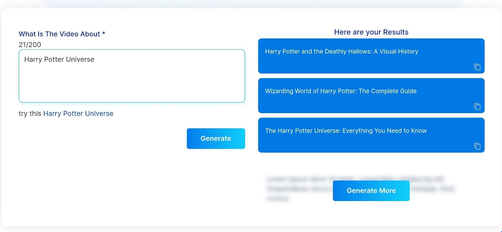 Hier ist ein Beispiel für Ergebnisse, die mit dem kostenlosen Videotitel-Generator-Tool von Scalenut generiert wurden.