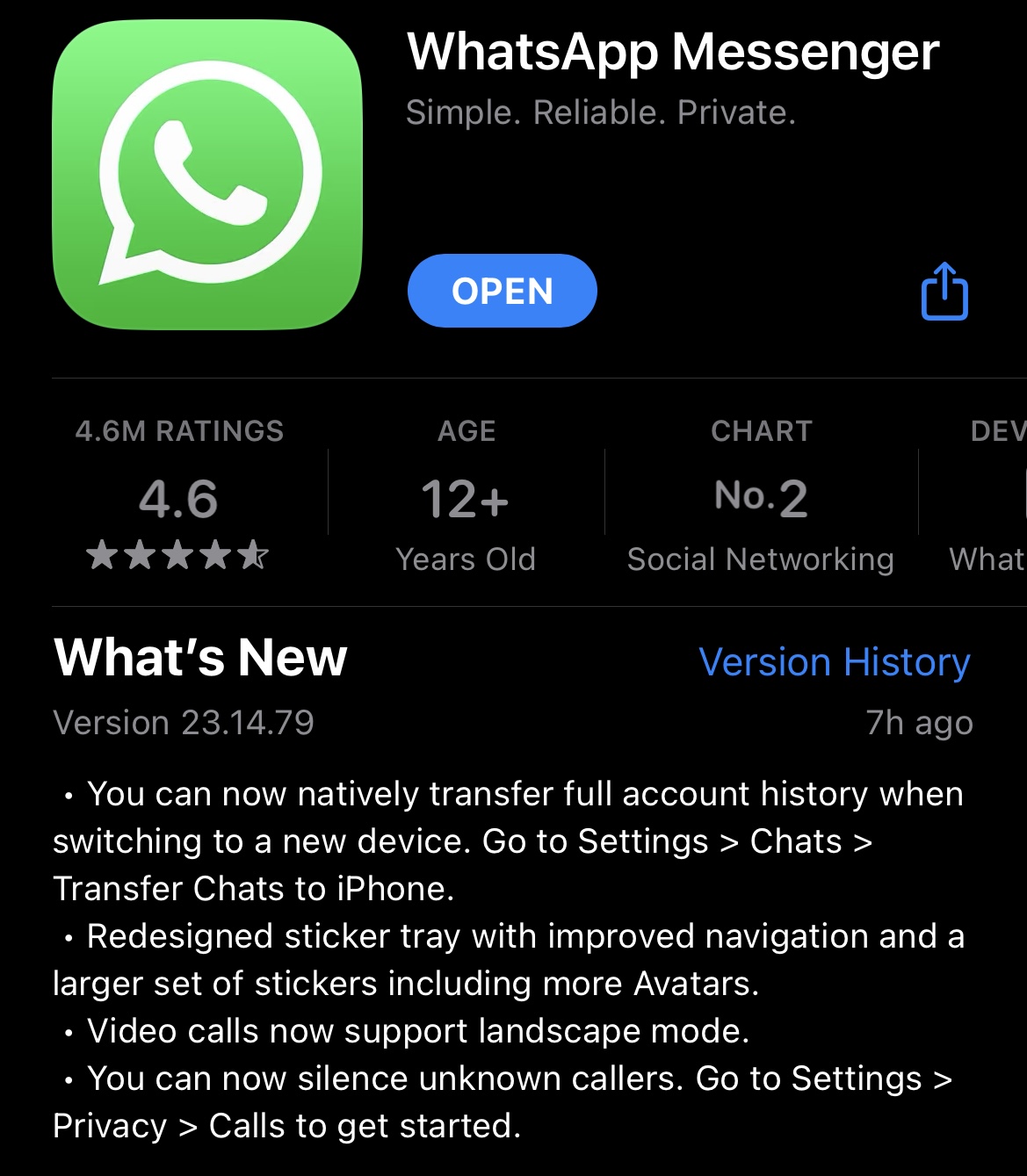 Pagina di download dell'app store mobile Whatsapp