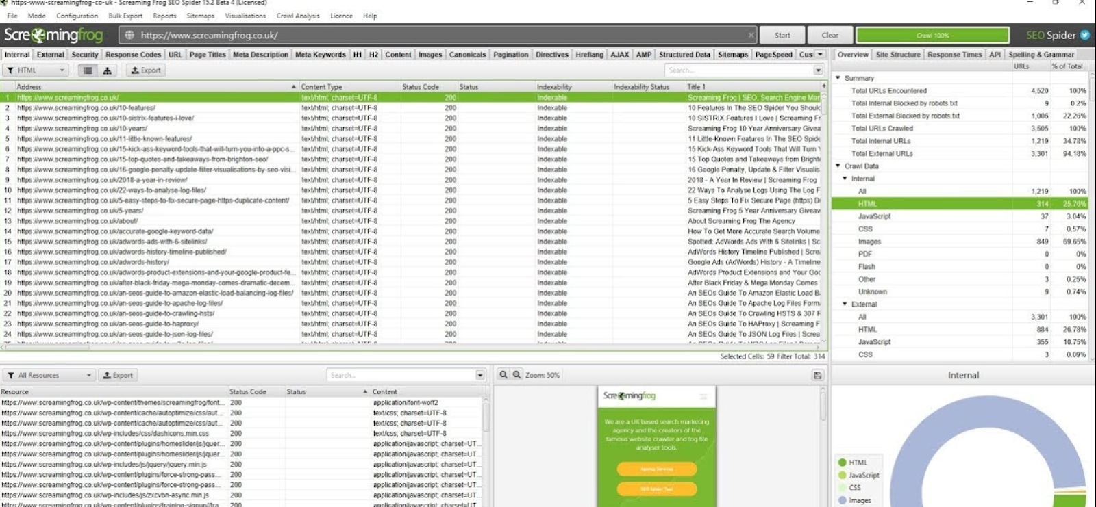 Screenshot des Screaming Frog Site Audit Tools