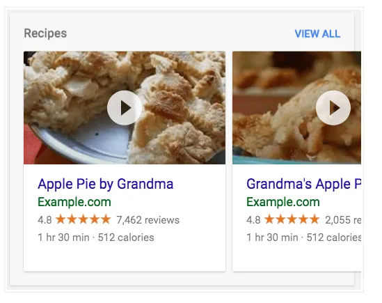 Página de receitas gerando uma listagem em carrossel nos resultados de pesquisa do Google.