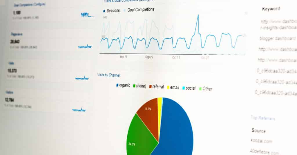 Tampilan jarak dekat dari monitor komputer dengan data analisis web dan diagram lingkaran yang menampilkan statistik penggunaan dari situs web.