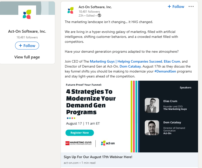 스크린샷에는 잠재 고객이 선호하는 채널에 참여하도록 하는 수요 창출 전략을 설명하는 LinkedIn 게시물이 나와 있습니다.