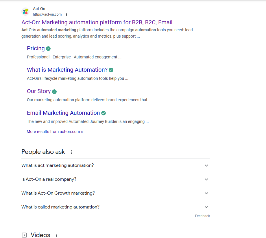 メタ ディスクリプション最適化の簡単な SEO のヒントを示す Act-On Marketing Automation の SERP のスクリーンショット。