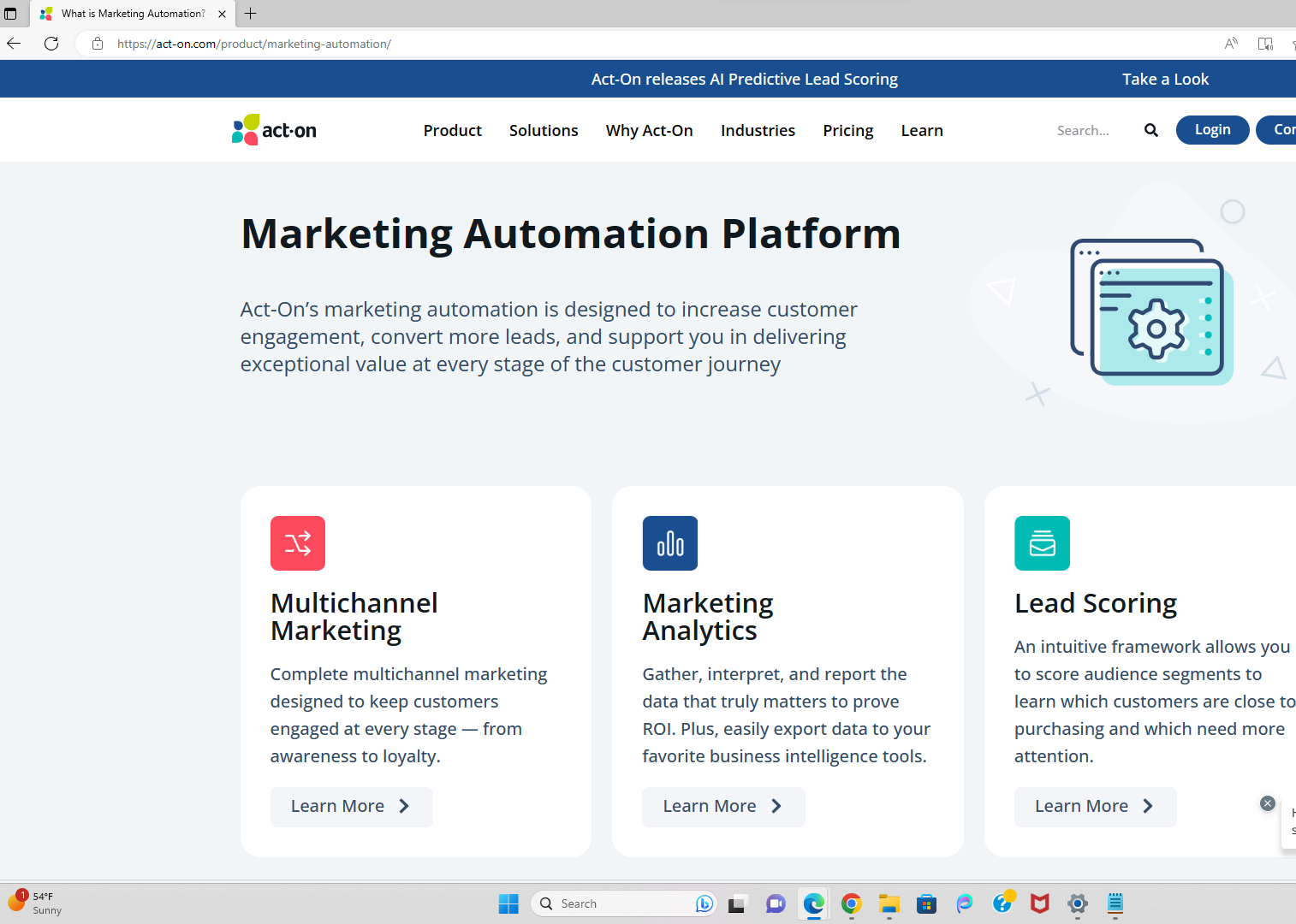 Une capture d'écran de la page de la solution d'automatisation du marketing d'Act-On pour illustrer le simple sujet SEO de l'optimisation du titre de la page.