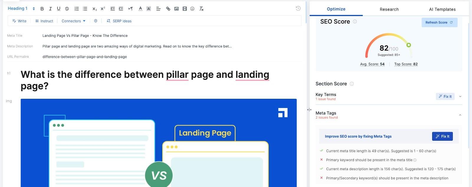 La herramienta Content Optimizer de Scalenut en acción comprobando metaetiquetas