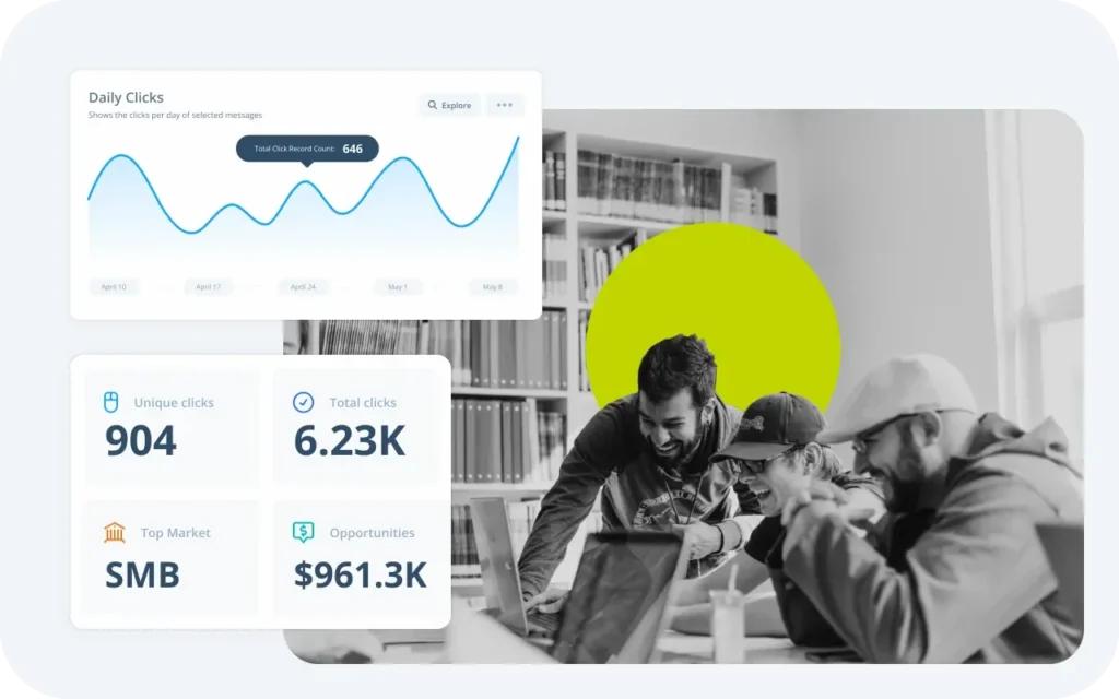 image composite : une équipe en noir et blanc se rassemble autour d'un ordinateur portable exécutant un logiciel d'analyse marketing, les graphiques et les données sont illustrés dans un style collage