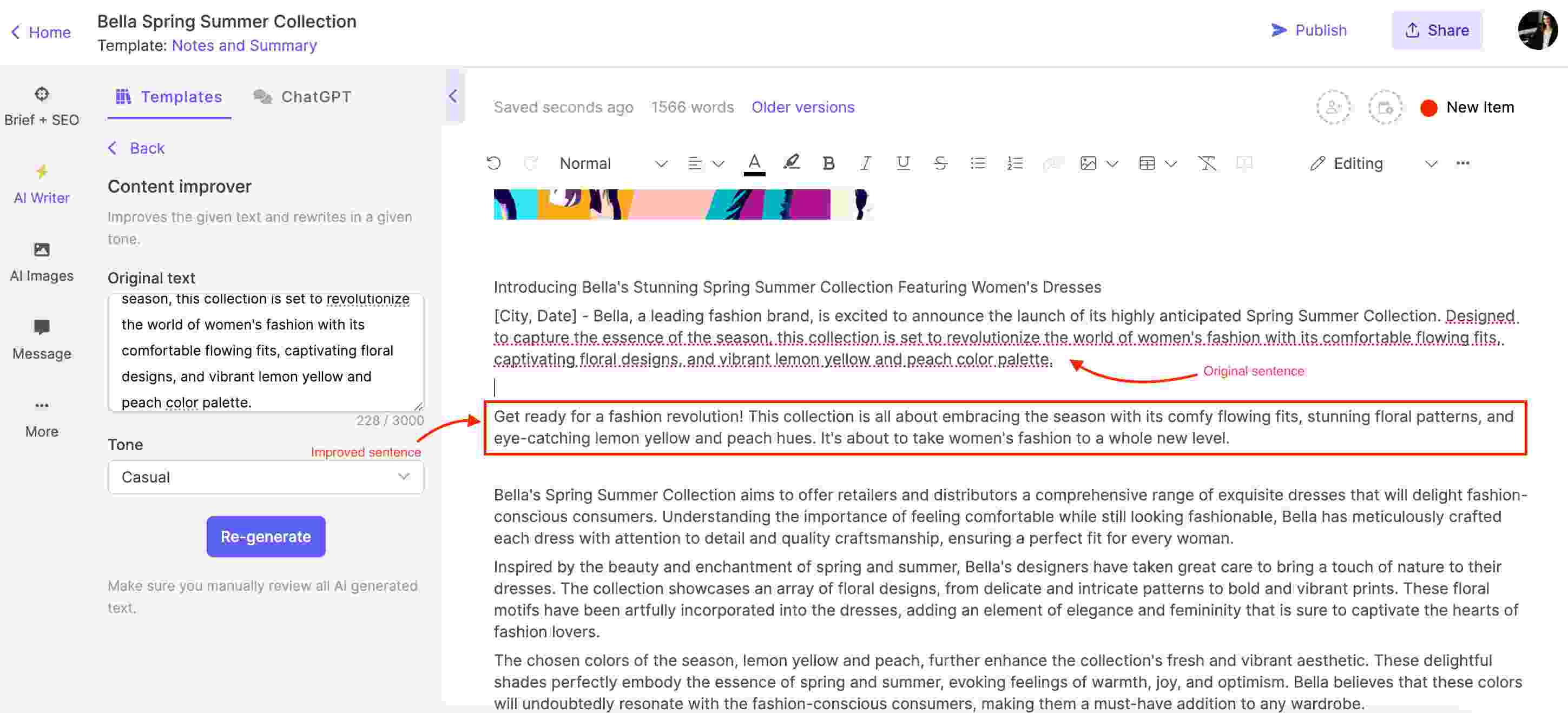 Usando o modelo Content Improvement AI do Narrato para refinar o rascunho do comunicado à imprensa