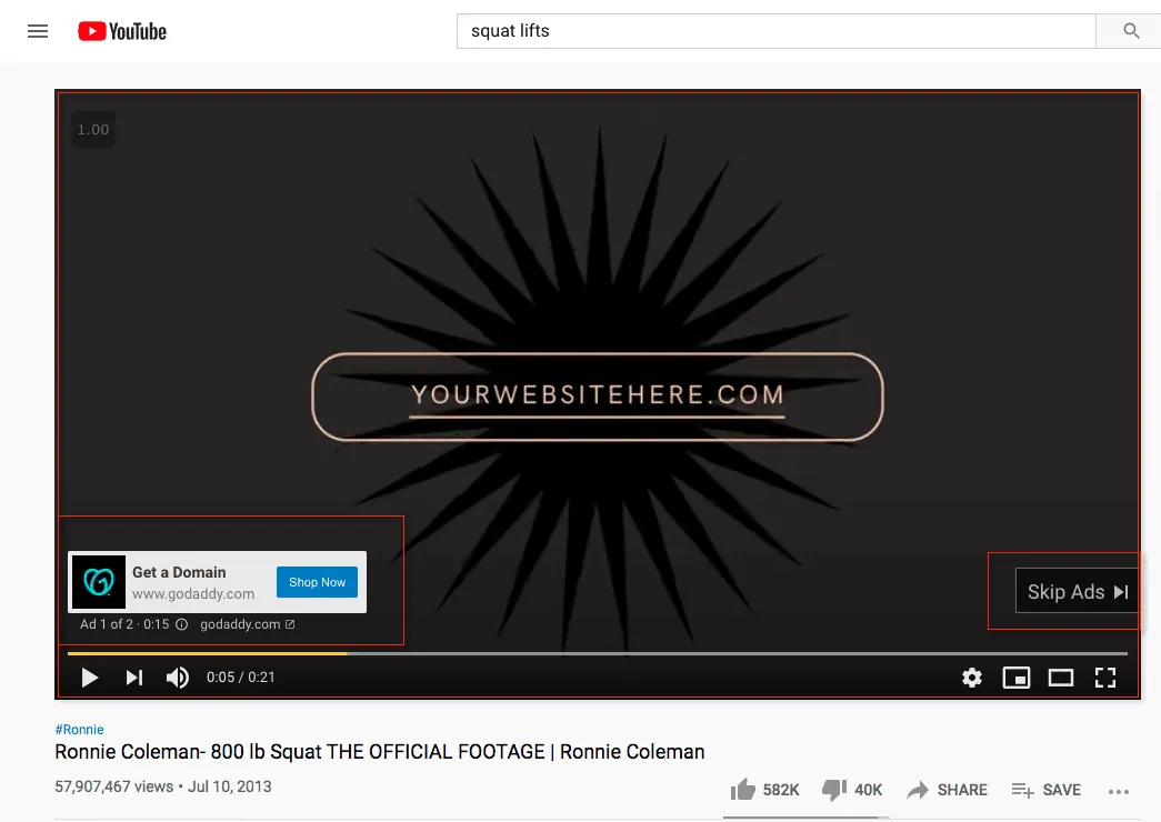Visualizzazione di annunci in-stream ignorabili di GoDaddy per la ricerca di sollevamenti di squat.