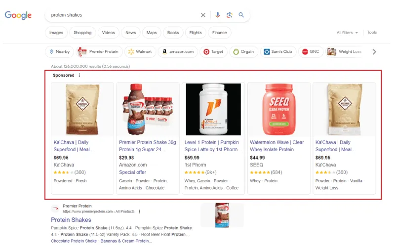 Halaman hasil mesin pencari Google untuk kueri "protein shake".